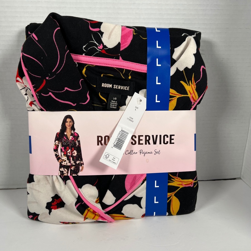 Room Service Womens Floral Shawl Collar Pajama Set Black Pink Size L 1730042